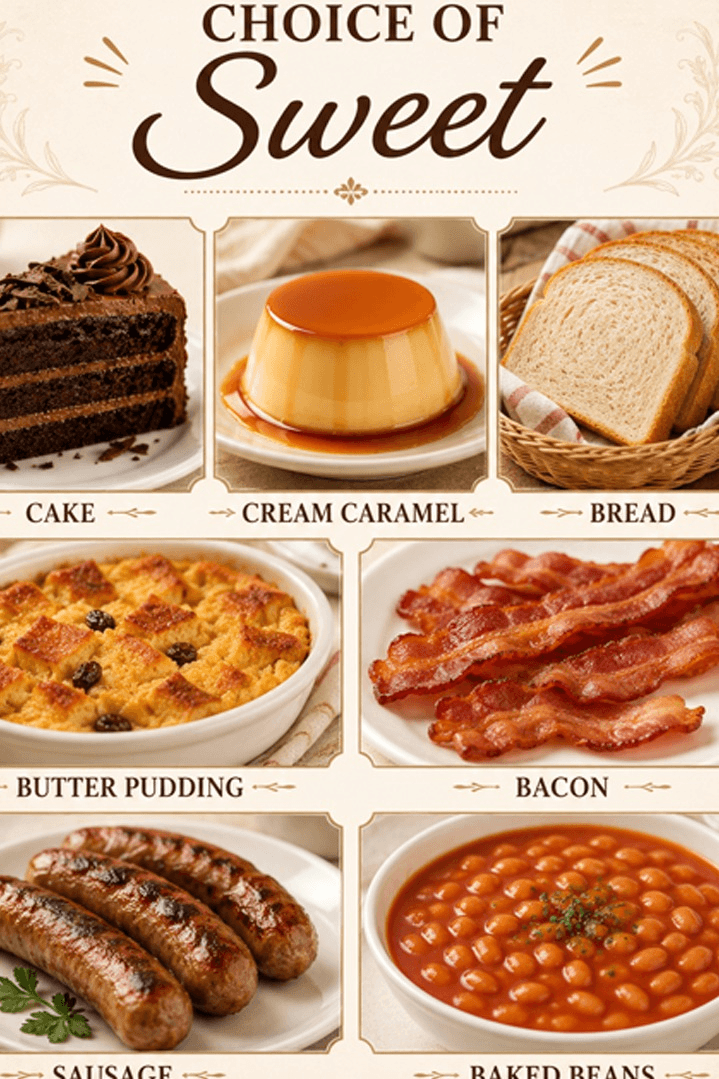 Choice Of Sweet – Cake, Cream Caramel, Bread, Butter Pudding, Bacon, Sausage, Baked Beans